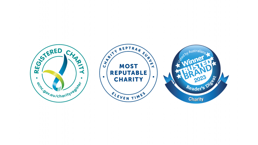 Image of three logos for Registered Charity, Most reputable charity and Winner of trusted charity brand 2023 for Reader's Digest